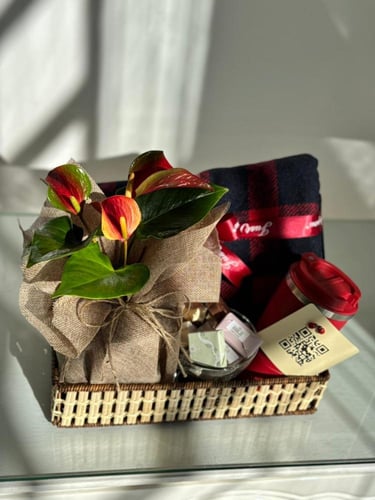 هدية شتوية: أنثريوم، وشاح ومق مع شوكولاتة