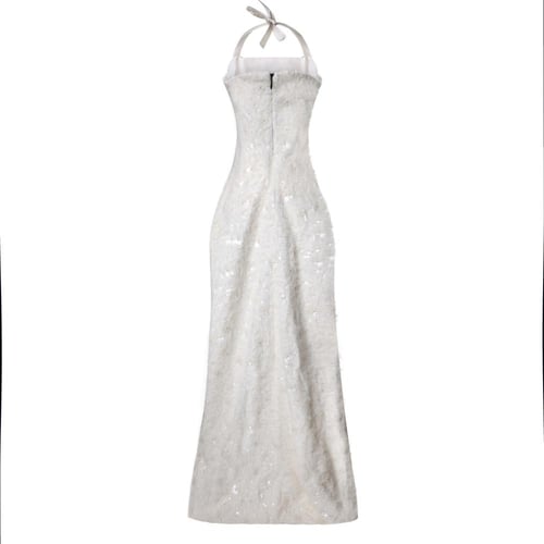 Ivory Sequin-Embroidered Halter Neck Gown with Str...