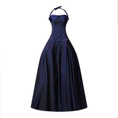 Structured Bodice Gown in Navy with Voluminous Gat...