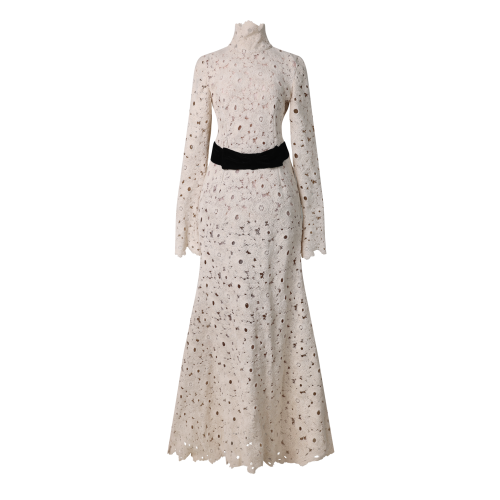 ‏High-Neck Embroidered Lace Dress with Contrasting...