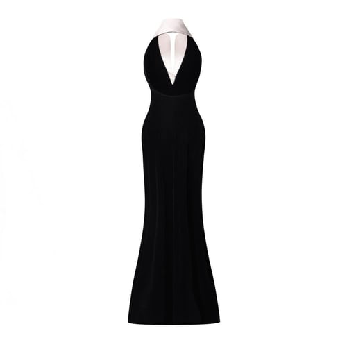 Black Velvet Halter Gown with Contrasting Silk Sat...
