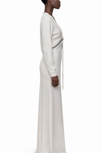 Deep V-Neck Tie-Front Gown with Soft Shawl Collar...