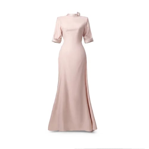 A-line gown featuring a sculpted high neckline, soft cap sleeves, and a clean, fluid silhouette with refined minimal construction.