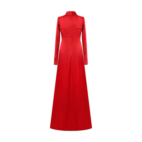 Silk Crepe Gown in Red with Draped Front Neckline