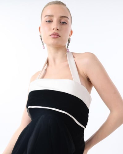 Fitted Velvet Gown with Layered Silk Satin Trim in...