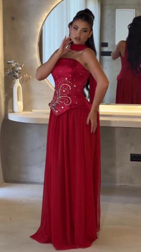 فستان سهرة الصدر باربي مطرز يدوي مع شيفون دبل كلوش