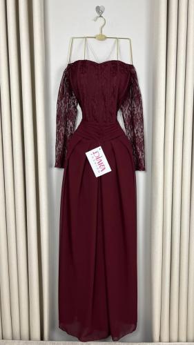 فستان سهرة دانتيل فرنسي تنورة شيفون كلوش