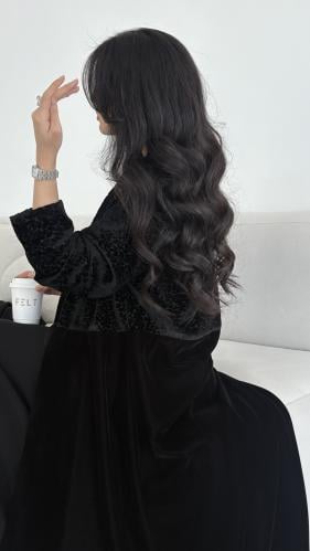 عباية C52 مخمل أسود مع دمج مخمل مشجر كلوش