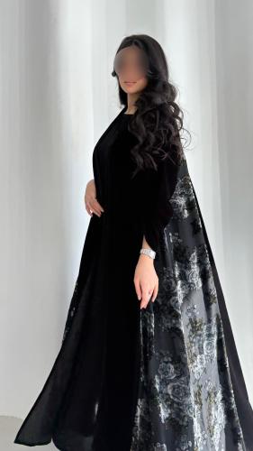 عباية C60 مخمل كوري أسود مع تدخيل مخمل مشجر، كلوش