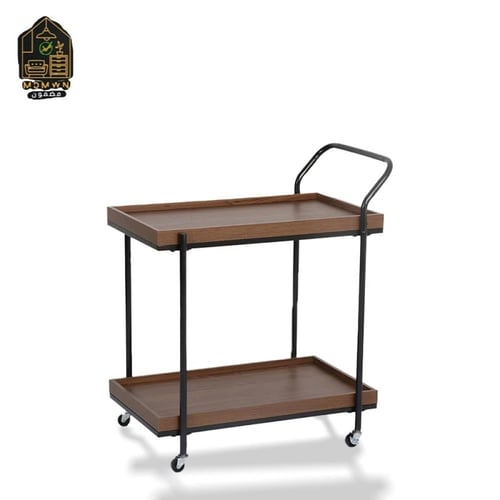 عربة تقديم بدورين بلون الخشب وإطار حديدي