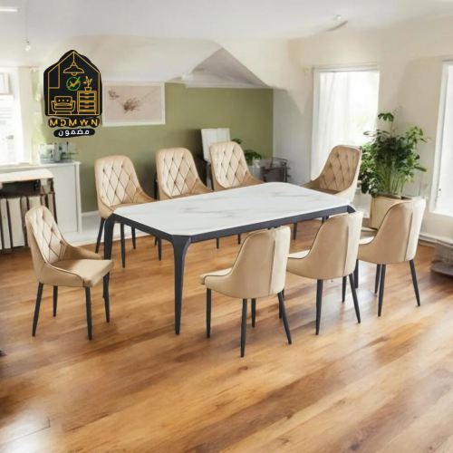 طقم طاولات رخام 8 كراسي لون بيج و أسود