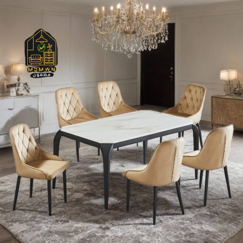 طقم طاولات رخام 6 كراسي لون بيج وأسود
