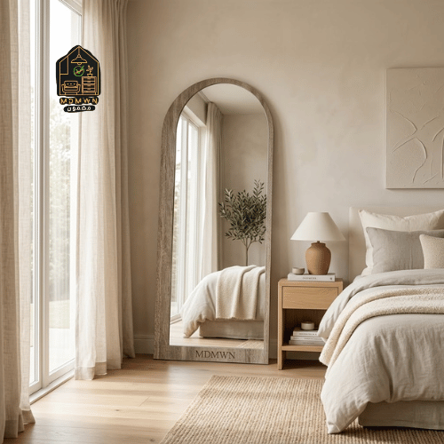 مرآة استاند تصميم طويل بإطار خشبي