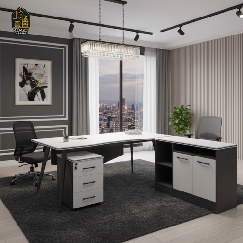 مكتب زاوية عصري مع دروج ورفوف متعدد المقاسات