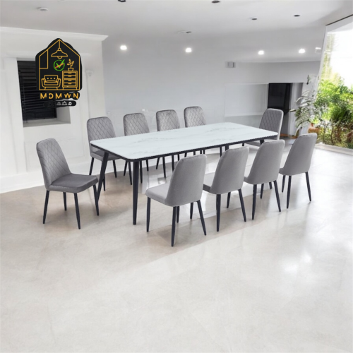 طاولة طعام رخام مع 10 كراسي رمادي وابيض