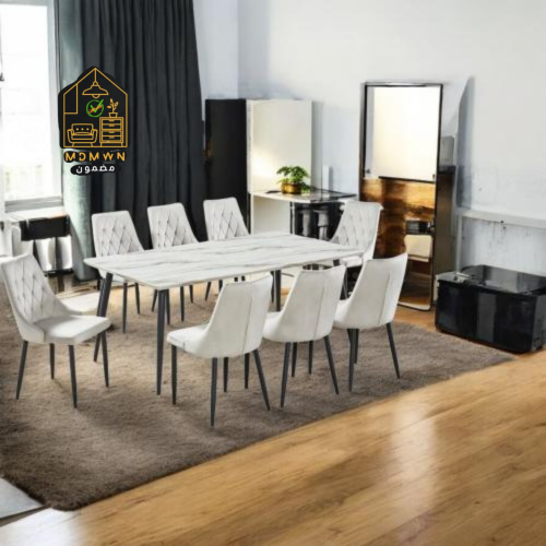 طقم طاولات بديل رخام 8 كراسي لون رمادي وأسود