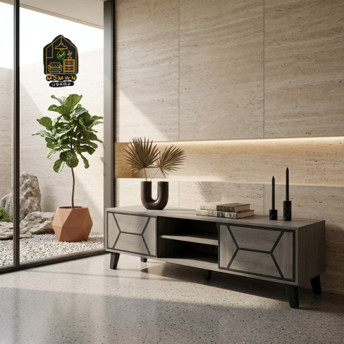 طاولة تلفاز خشبية بتصميم هندسي عصري وألوان متعددة