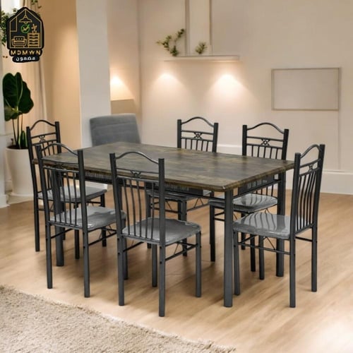 طاولات طعام خشب حديد مرشوش 7 قطع 150سم