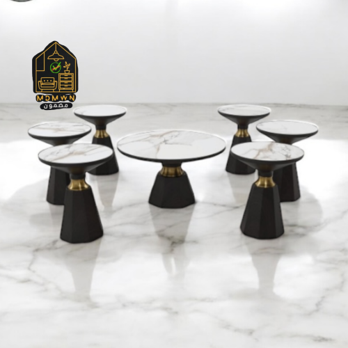 طقم طاولات شاي سيراميك فاخر – قاعدة هندسية سوداء ب...