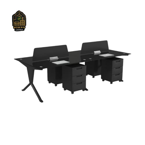 طاولة مكتب مع برتيشن رباعي وزجاج وأدراج