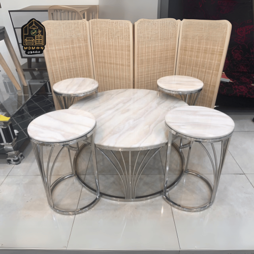 طقم طاولات قهوة دائرية بسطح رخامي وأرجل معدنية أني...