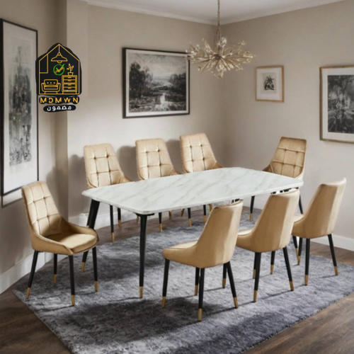 طقم طاولات رخام 8 كراسي لون بيج و أبيض