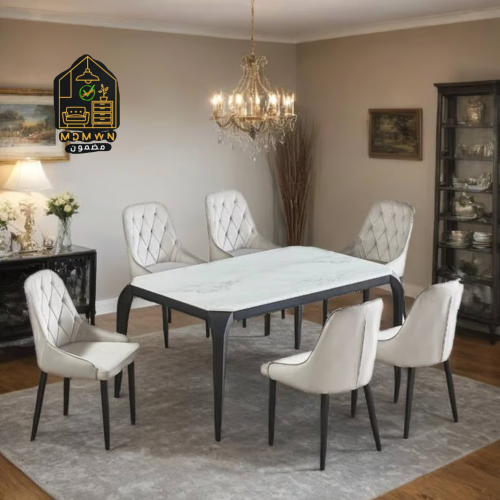 طقم طاولات رخام 6 كراسي لون رمادي و أبيض