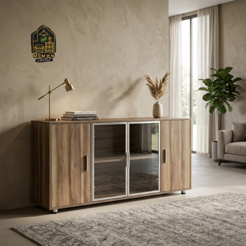 Melamine wood filing cabinet, 4 doors, brown color