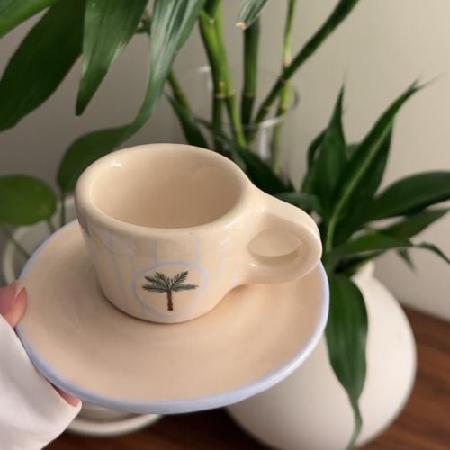 طقم اسبريسو كوب وصحن نخيل لون سكري
