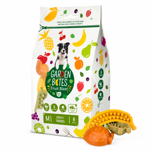 Garden Bites Fruity Buddies Dog Treats Size M - 8.5cm | 6-Pack Vegan Treats for Dental Care