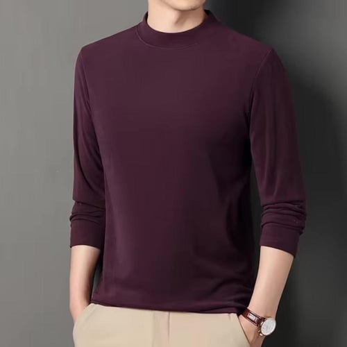 تي شيرت رجالي جديد بلون سادة وياقة متوسطة وأكمام ط...