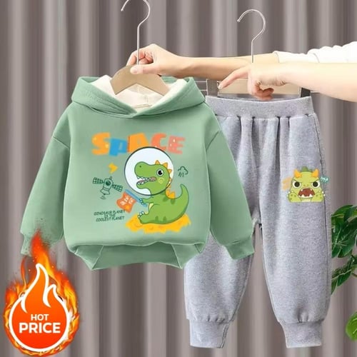 طقم ديناصور هوديز وبنطال مطبوع ، كم طويل ، قطيفة