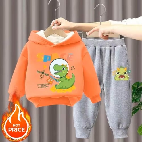 طقم ديناصور هوديز وبنطال مطبوع ، كم طويل ، قطيفة