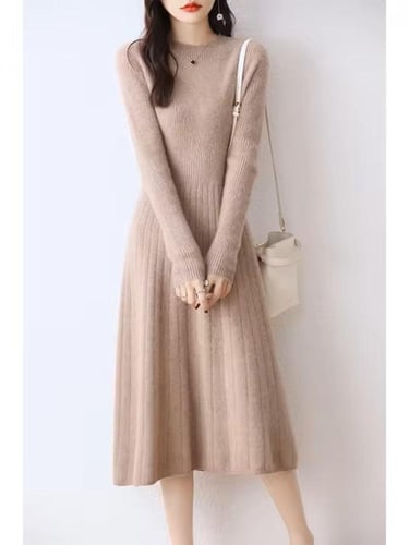 فستان نسائي كشمير برقبة دائرية ، ملابس نسائية