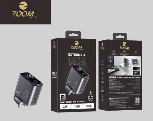 شاحن ZOOM PLUS 140W GaN سريع – شاشة ذكية لشحن اللا...