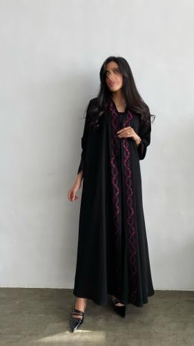 Salon fabric abaya with dark pink embroidery