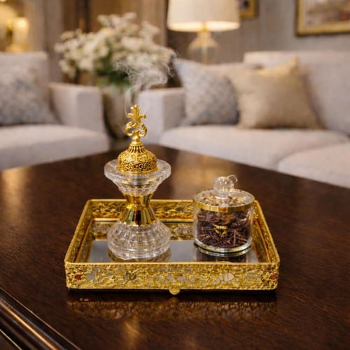 طقم مبخرة كريستال فاخر مع صينية ذهبية اللون-JAC-13...