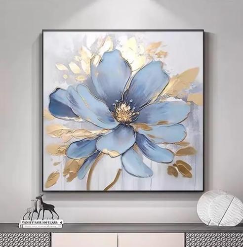 لوحات فنية ورود الوان الذهبي والسماوي الدرجات مطبو...