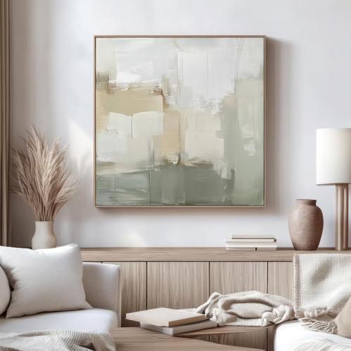 لوحات فنية تجريدي الوان بيج وزيتي فاتح مطبوعة على...