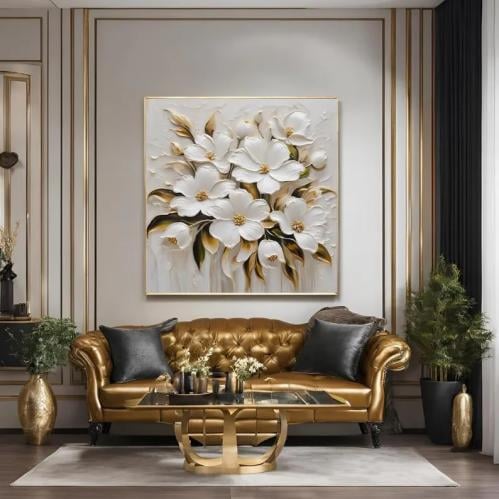 لوحات فنية ورود الوان ابيض ذهبي مطبوعة على قماش ال...