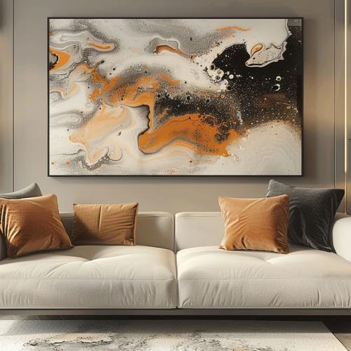 لوحة تجريدية عصرية بتكوين فني غني يجمع بين درجات ا...