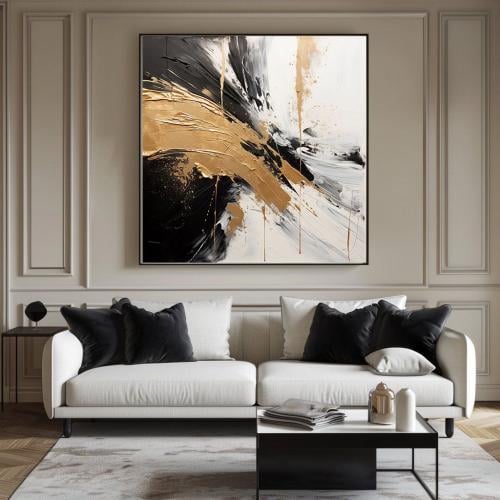 لوحة تجريدية جريئة تمزج الأسود العميق بالأبيض الها...