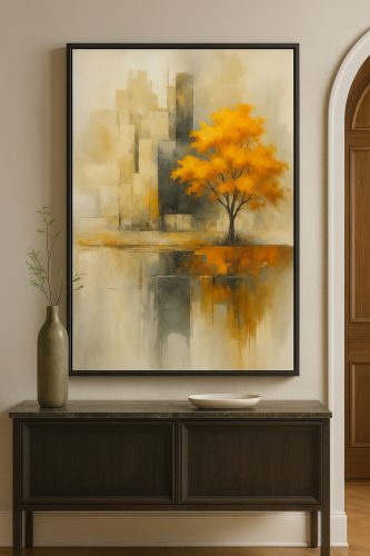 لوحة تجريدية راقية بتدرجات البيج والرمادي مع شجرة...