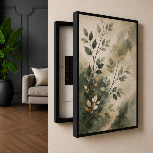 An elegant botanical dashboard panel combining calm green shades and soft touches of gold on a sophisticated creamy background