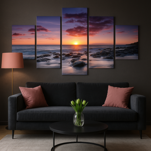 لوحة فنية بخمس قطع تجسد مشهد الغروب الساحر على شاط...