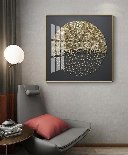 لوحة زخرفية هندسية بجسيمات ذهبية مطبوعة على قماش ا...