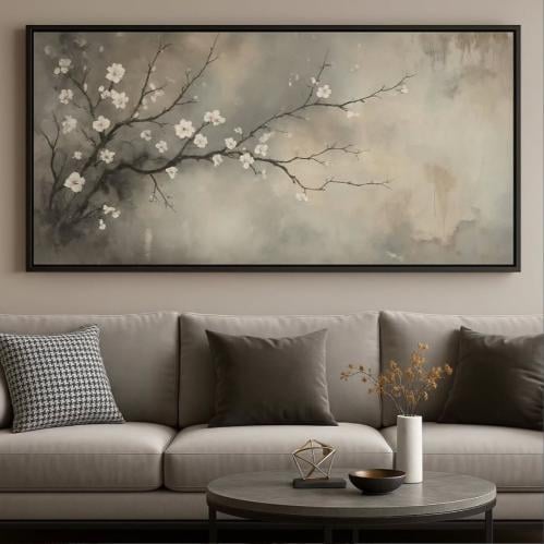 لوحة تجريدية أنيقة تجمع بين فروع الأزهار البيضاء ا...