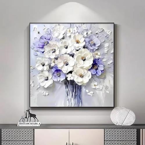 لوحات فنية ورود الوان ابيض و الموف مطبوعة على قماش...