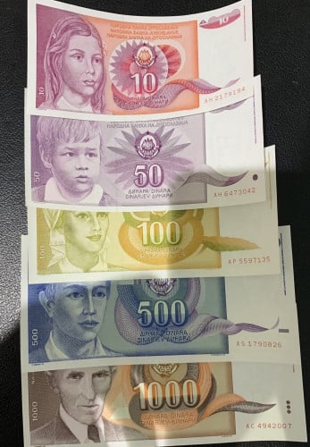 طقم يوغوسلافيا فئة 10+50+100+500+100دينار أنسر