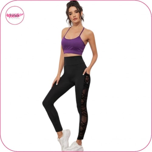 ليقنز شبكي بخصر عالي عريض وجيب للجوال